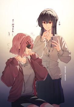 Rule 34 | 2girls, absurdres, amaori renako, black hair, blindfold, braid, collared shirt, commentary request, flying sweatdrops, gradient background, hair ornament, hairclip, half up braid, highres, holding, holding phone, jacket, koto satsuki, long hair, long sleeves, medium hair, mou liang, multiple girls, open mouth, parallel hairclips, phone, pink hair, red eyes, shirt, sidelocks, skirt, sweater, twitter username, watashi ga koibito ni nareru wake naijan murimuri!, yuri