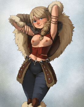 1girl absurdres armlet arms_behind_head arms_up astrid_hofferson blonde_hair braid breasts breasts_out capelet circlet fur_capelet fur_trim hair_over_shoulder highres how_to_train_your_dragon_(series) inker_comics jewelry looking_at_viewer medium_breasts navel nipples solo stomach