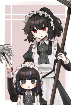 2girls :o apron araya_(project_moon) arm_up ascot black_ascot black_dress black_hair blue_streaks blush_stickers bright_pupils broom child closed_mouth collared_shirt commentary contrast_collar dress duster frilled_apron frills furrowed_brow grey_eyes hand_on_another's_head high_ponytail highres holding holding_broom holding_duster juliet_sleeves limbus_company long_hair long_sleeves looking_at_another looking_at_viewer maid maid_apron maid_headdress mother_and_daughter multiple_girls open_mouth ponytail project_moon puffy_sleeves red_background red_eyes ryoshu_(project_moon) shirt short_hair sidelocks smile sol_phi_0721 white_apron white_pupils wing_collar wuthering_heights_(identity)_(project_moon)