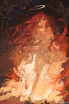 1girl arch bare_legs bare_shoulders barefoot black_background chinese_commentary collarbone commentary_request dress expressionless eyelashes feet frilled_dress frilled_sleeves frills full_body halo highres leg_up long_dress long_hair long_sleeves off-shoulder_dress off_shoulder original parted_lips red_eyes red_hair ribbon sidelocks sleeve_ribbon solo standing toes traditional_halo very_long_hair vihua6 watermark weibo_watermark white_dress white_halo white_ribbon