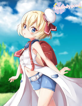 1girl arched_back arms_at_sides artist_name backpack bag bare_shoulders belt blonde_hair blue_eyes blue_sailor_collar blue_shorts blurry blurry_background blush child coat eyelashes feet_out_of_frame female_focus flat_chest from_side hat jashin-chan_dropkick lierre looking_at_viewer looking_to_the_side medium_hair midriff navel neckerchief open_mouth randoseru red_neckerchief sailor_collar shorts sleeveless sleeveless_coat solo standing unholysoul white_belt white_coat white_hat