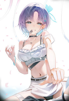1girl absurdres asakura_toru belt black_belt black_choker blue_eyes blue_hair blue_hairband blue_nails bracelet breasts choker cleavage commentary_request crop_top fingernails gradient_hair hair_ornament hairband hairclip headset highres idolmaster idolmaster_shiny_colors jewelry large_breasts looking_at_viewer multicolored_hair nail_polish navel necklace open_mouth panties parted_bangs pencil_skirt pointing pointing_at_viewer purple_hair short_hair sikimosh sitting skirt smile solo strap strap_slip tank_top thigh_strap underwear white_background