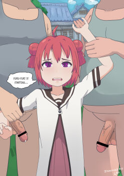 Rule 34 | akaza akari, crying, cum, dialogue box, grabbing from behind, group sex, helpless, highres, penis, you gonna get raped, yuruyuri