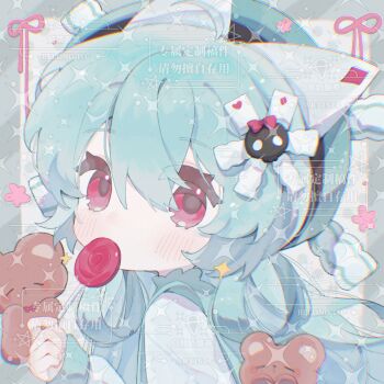 1girl animal_ears bai_xiong_nailaojuan blue_hair blush candy cat_ears cat_girl closed_mouth double-parted_bangs food green_hat green_shirt hair_between_eyes hat highres holding holding_candy holding_food holding_lollipop lollipop long_hair long_sleeves looking_at_viewer original portrait red_eyes shirt solo sparkle swirl_lollipop too_many_watermarks watermark