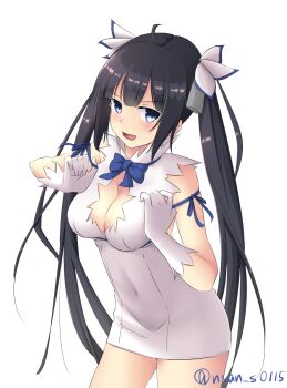 1girl :d black_hair blue_eyes blue_ribbon breasts cleavage cleavage_cutout clothing_cutout commentary_request covered_navel cowboy_shot dress dungeon_ni_deai_wo_motomeru_no_wa_machigatteiru_darou_ka gloves hair_ribbon hestia_(danmachi) highres long_hair looking_at_viewer nyantaro open_mouth pencil_dress rei_no_himo ribbon simple_background smile solo twintails twitter_username white_background white_dress white_gloves