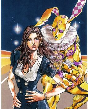 1girl animal_ears araki_hirohiko_(style) black_lips blue_background blue_coat blue_eyes brown_hair coat dim_7976 earrings hashtag-only_commentary highres jewelry lips long_hair looking_at_viewer neck_ruff nose original parted_lips rabbit_ears sample_watermark short_sleeves stand_(jojo) star_(symbol) watch watermark wristwatch