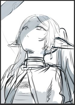 1boy 1girl frieren greyscale head_back hews highres long_pointy_ears looking_up monochrome parted_bangs penis penis_shadow pointy_ears simple_background sketch sousou_no_frieren upward_angle_frieren_drawing veins veiny_penis white_background