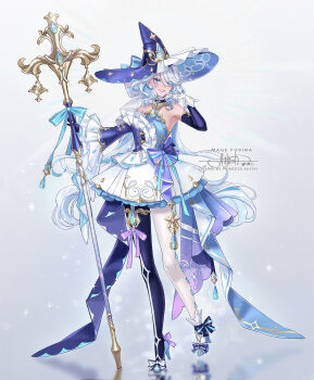 1girl alternate_costume asymmetrical_gloves asymmetrical_legwear bare_shoulders black_gloves blue_bow blue_dress blue_eyes blue_hair blue_hat blue_pantyhose blue_pupils blue_sky bow breasts commentary detached_sleeves dress drop-shaped_pupils english_commentary english_text facial_mark footwear_bow full_body furina_(genshin_impact) genshin_impact gloves hand_up hat hetero high_heels highres holding holding_staff light_blue_hair lips long_hair long_sleeves looking_at_viewer medium_breasts mismatched_gloves mismatched_legwear multicolored_dress multicolored_hair pantyhose parted_lips princess_ailish reflection signature sky sleeveless sleeveless_dress smile solo staff star_(symbol) star_facial_mark streaked_hair symbol-shaped_pupils teardrop_facial_mark teeth typo very_long_hair white_bow white_dress white_footwear white_gloves white_hair white_pantyhose witch_hat