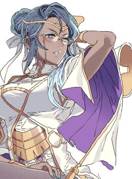 1girl arm_up blue_hair breasts capelet dark-skinned_female dark_skin dress fire_emblem fire_emblem_heroes glasses heimdallr_(fire_emblem) highres large_breasts looking_to_the_side nintendo purple_capelet short_hair simple_background solo tiara tsujii_luki two-sided_capelet upper_body white_capelet white_dress