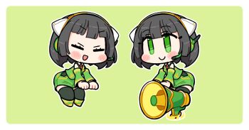 Rule 34 | 1girl, :d, alpha transparency, bare shoulders, black hair, black thighhighs, blush stickers, border, chibi, chibi only, closed eyes, closed mouth, commentary request, detached sleeves, full body, green background, green eyes, green shirt, green shoes, green shorts, green sleeves, headset, highres, ini (inunabe00), kyoumachi seika, long sleeves, megaphone, necktie, open mouth, outline, outside border, red necktie, shirt, shoes, short hair, shorts, simple background, sitting, sleeveless, sleeveless shirt, smile, thighhighs, v-shaped eyebrows, voiceroid, white border, white outline