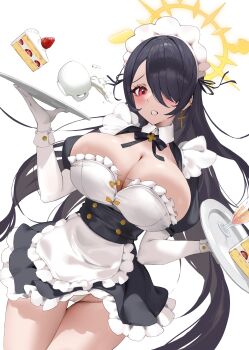 1girl absurdres alternate_costume apron black_hair blue_archive blush breasts bursting_breasts cake cake_slice cleavage commentary_request cowboy_shot cup dress enmaided food frilled_apron frilled_dress frills gloves hair_over_one_eye halo highres hinata_(blue_archive) large_breasts long_hair looking_at_viewer maid maid_apron maid_headdress nankam76 panties pantyshot puffy_sleeves red_eyes solo spilling teacup tray undersized_breast_cup underwear very_long_hair waist_apron white_apron white_background white_gloves white_panties yellow_halo