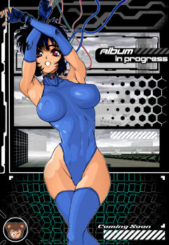 1990s_(style) 1girl artist_logo breasts cable commentary english_commentary fingerless_gloves ghost_in_the_shell gloves highres kusanagi_motoko large_breasts leotard logo purple_hair red_eyes retro_artstyle short_hair solo system_st91