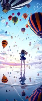1girl aircraft blue_skirt cloud contrail evening facing_away from_behind highres hot_air_balloon original outdoors reflection reflective_liquid ripples sanmen_(threeface_il) school_uniform serafuku skirt sky solo standing sunset water wide_shot