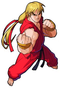 1990s_(style) 1boy absurdres barefoot belt bengus black_belt blonde_hair brown_eyes clenched_hands dougi fingerless_gloves forked_eyebrows from_above full_body game_cg gloves grin highres ken_masters legs_apart long_hair looking_at_viewer low_ponytail male_focus martial_arts_belt marvel_super_heroes_vs._street_fighter marvel_vs._capcom mma_gloves non-web_source official_art pectorals ponytail retro_artstyle simple_background smile solo standing street_fighter teeth torn_clothes torn_sleeves white_background
