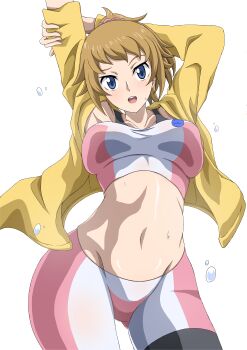 1girl absurdres arms_up bike_shorts blue_eyes blush breasts brown_hair commentary_request cowboy_shot gluteal_fold grey_background groin gundam gundam_build_fighters gundam_build_fighters_try highres hoshino_fumina jacket large_breasts looking_at_viewer medium_hair midriff navel open_clothes open_jacket open_mouth ponytail safety_kaijo simple_background solo sports_bra stomach stretching sweat two-tone_sports_bra yellow_jacket