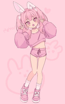 1girl :o animal_ear_fluff animal_ears choker collarbone commentary dolphin_shorts double_v earrings full_body hair_intakes hands_up heart heart_earrings highres jewelry jigatei_(omijin) leaning_to_the_side long_sleeves looking_at_viewer navel open_mouth original pink_background pink_choker pink_eyes pink_hair pink_shirt pink_shoes pink_shorts puffy_long_sleeves puffy_sleeves rabbit_ears romaji_text shirt shoes short_shorts shorts simple_background single_ear_down sleeves_past_wrists socks solo standing symbol-only_commentary twintails v white_socks