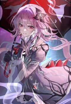 1girl dress earrings evernight_(honkai:_star_rail) flower gem gloves hair_between_eyes hair_flower hair_ornament hairclip hashtag-only_commentary highres holding holding_umbrella honkai:_star_rail honkai_(series) jewelry layered_dress long_hair long_sleeves looking_at_viewer march_7th_(honkai:_star_rail) mewutd official_alternate_eye_color parallel_hairclips pink_hair red_eyes red_gemstone single_earring smile teeth umbrella very_long_hair