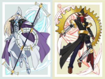 2boys asymmetrical_gloves belt black_coat black_hat blonde_hair blue_eyes blue_gemstone blue_pants brown_footwear brown_gloves cape cape_hold coat covered_mouth duel_monster fingerless_gloves full_body gears gem gloves grey_background hair_over_one_eye hat high_collar highres holding holding_staff long_hair looking_to_the_side male_focus mask mechanical_legs mouth_mask multiple_boys outline pants purple_cape red_eyes red_hair red_scarf risyo scarf short_hair shoulder_guard single_mechanical_leg single_vambrace spiked_hair split_screen staff standing stargazer_magician timegazer_magician two-tone_background vambraces white_coat white_footwear white_gloves white_hat white_mask white_outline white_pants wizard_hat yellow_background yellow_gemstone yu-gi-oh! yu-gi-oh!_arc-v