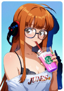 1girl absurdres ahoge behind-the-head_headphones black_bra blue_background border bra breasts brown_eyes cleavage collarbone commentary cup disposable_cup drinking drinking_straw english_commentary glasses gravydood green_nails headphones heart heart-shaped_pupils highres long_hair looking_at_viewer medium_breasts morgana_(persona_5) off-shoulder_shirt off_shoulder orange_hair persona persona_5 sakura_futaba shirt solo symbol-shaped_pupils underwear upper_body very_long_hair white_border white_shirt