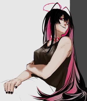 1girl absurdres ahoge bare_shoulders black_hair black_nails blue_archive choker colored_inner_hair commentary highres ichikari long_hair looking_at_viewer multicolored_hair nail_polish open_mouth red_eyes sharp_teeth solo teeth tsurugi_(blue_archive)