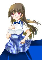 Rule 34 | 1girl, apron, black hair, blue apron, blue bow, blue bowtie, blue skirt, blush, bow, bowtie, breasts, checkered apron, checkered clothes, choukai (kancolle), employee uniform, gingham, gingham apron, gingham skirt, glasses, hand on own chest, high-waist skirt, highres, inscco, kantai collection, kobeya uniform, large breasts, long hair, looking at viewer, open mouth, plaid, plaid apron, pleated shirt, red eyes, rimless eyewear, shirt, short sleeves, skirt, smile, solo, uniform, waitress, white shirt