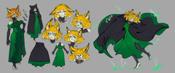 angry animal_ears blonde_hair bone dress droopy_ears fox_ears green_dress highres indie_virtual_youtuber kishiko_bushido nico_artt reference_sheet short_hair surprised twinkle_eye virtual_youtuber