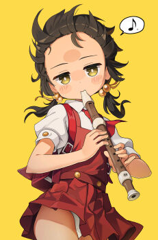 1girl absurdres ascot backpack bag black_hair blush_stickers bright_pupils collared_shirt dress eighth_note expressionless female_focus floating_hair flute forehead gro_(lee145879) hair_bobbles hair_ornament highres holding holding_flute holding_instrument instrument kaai_yuki kyoufuu_all_back_(vocaloid) loli looking_at_viewer low_twintails music musical_note panties pantyshot pinafore_dress playing_instrument pleated_dress puffy_short_sleeves puffy_sleeves pussy_juice randoseru recorder red_ascot red_bag red_dress shirt short_dress short_sleeves sleeveless sleeveless_dress solo speech_bubble twintails underwear vocaloid white_pupils white_shirt wind yellow_background yellow_eyes