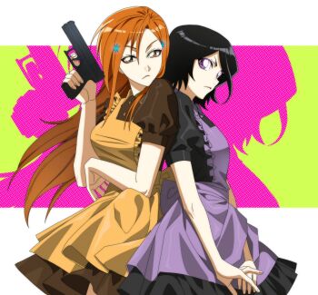 2girls absurdres apron back-to-back black_dress black_hair bleach border breasts brown_dress brown_eyes cowboy_shot dress frilled_apron frills frown gun hair_between_eyes hair_ornament handgun highres holding holding_gun holding_weapon inoue_orihime kuchiki_rukia long_hair medium_breasts multiple_girls n_(nauki_11) orange_apron orange_hair parted_bangs puffy_short_sleeves puffy_sleeves purple_apron purple_eyes short_hair short_sleeves snowflake_hair_ornament swept_bangs weapon white_border