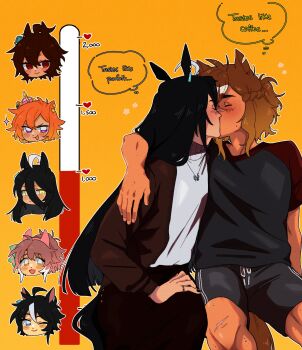 absurdres animal_ears arm_around_shoulder black_hair blush brown_hair closed_eyes earrings hair_between_eyes highres horse_ears horse_girl horse_tail jacket jewelry jungle_pocket_(champion&#039;s_battle_cry)_(umamusume) jungle_pocket_(umamusume) kiss kiss_meter_(meme) long_hair long_sleeves manhattan_cafe_(umamusume) medium_hair meme multiple_girls muscular muscular_female notched_ear raccrows scar scar_on_face shirt single_earring speech_bubble tail thought_bubble umamusume yellow_background yuri