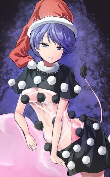 1girl black_capelet black_dress blob blue_eyes blue_hair breasts capelet commentary_request cowboy_shot doremy_sweet dress female_focus hat highres looking_at_viewer medium_breasts multicolored_dress nightcap one-hour_drawing_challenge parted_lips pom_pom_(clothes) red_hat see-through_clothes short_dress short_hair solo standing swept_bangs tail tapir_tail touhou y2