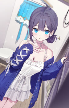 Rule 34 | 1girl, ahoge, blue eyes, blue jacket, blush, breasts, character request, check character, choker, cleavage, collarbone, commentary request, dress, fitting room, hair bun, hand on own chest, highres, jacket, looking at viewer, nekouhai (rangu), off shoulder, original, parted lips, rangu, ribbon choker, short hair, skirt, solo, unworn skirt, white dress