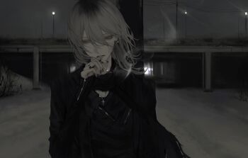 1girl absurdres bandage_on_face bandages black_nails black_shirt bridge cigarette gradient_hair grey_eyes grey_hair grey_sky hair_between_eyes highres holding holding_cigarette jewelry kiilil9 lamppost long_hair long_sleeves looking_to_the_side multicolored_hair multiple_rings necklace original parted_lips ring roots_(hair) shirt sky smoke smoke_trail smoking snow solo upper_body