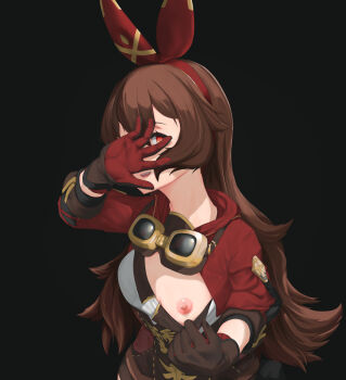 1girl absurdres amber_(genshin_impact) black_background breasts brown_corset brown_hair brown_shorts corset covering_face genshin_impact gloves goggles goggles_around_neck hair_between_eyes hair_ribbon hairband hand_over_face hand_up heart heart_in_eye highres jacket long_hair looking_at_viewer masukareto nervous_smile nipples one_breast_out open_mouth pulling_own_clothes red_eyes red_hairband red_jacket red_ribbon ribbon shorts shrug_(clothing) small_breasts smile solo symbol_in_eye two-tone_gloves