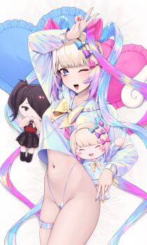 1girl ame-chan_(needy_girl_overdose) arm_up bare_hips bed_sheet belt blonde_hair blue_belt blue_bow blue_eyes blue_hair blue_nails blue_panties blue_sailor_collar blue_serafuku blunt_bangs blush bow bowtie breasts character_doll chouzetsusaikawa_tenshi-chan collarbone dakimakura_(medium) doll eyeshadow fingernails gradient_belt gradient_clothes gradient_hair gradient_shirt groin hair_bow hashtag-only_commentary heart heart-shaped_pillow highleg highleg_panties highres hip_bones long_hair long_sleeves looking_at_viewer makeup multicolored_hair multicolored_nails multicolored_shirt nail_polish navel needy_girl_overdose no_pants one_eye_closed open_mouth panties pillow pink_bow pink_eyeshadow pink_hair pink_nails purple_bow quad_tails sailor_collar school_uniform serafuku shirt shirt_overhang sleeves_past_wrists smile solo star_ornament stomach stuffed_toy teeth thigh_belt thigh_strap thighs tongue underwear v v_over_head very_long_hair w waytok yellow_bow yellow_bowtie yellow_nails yume_kawaii