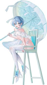 1girl absurdres bikini blue_eyes blue_hair blue_nails breasts chair commentary_request detached_leggings high_heels highres holding holding_umbrella hololive hoshimachi_suisei leggings lifeguard_chair looking_at_viewer open_mouth parasol sanada_keisui sitting small_breasts smile solo swimsuit umbrella white_bikini white_leggings