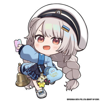 1girl armband bag bag_charm bell blue_armband braid charm_(object) chibi commentary english_commentary full_body goddess_of_victory:_nikke grey_hair hair_bun hair_ornament hat highres holding holding_bell holding_ticket long_hair long_sleeves looking_at_viewer low_twin_braids no_nose official_art open_mouth pleated_skirt puffy_long_sleeves puffy_sleeves shoes single_hair_bun skirt sleeves_past_wrists smile sneakers soline_(frost_ticket)_(nikke) soline_(nikke) solo standing standing_on_one_leg star_(symbol) ticket totatokeke twin_braids v-shaped_eyebrows very_long_hair white_hat white_shoes