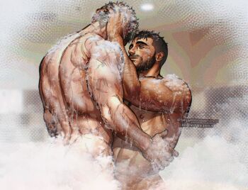 2boys abs asymmetrical_hair bara bathing black_hair blonde_hair call_of_duty call_of_duty:_modern_warfare_2 completely_nude convenient_censoring couple facial_hair ghost_(modern_warfare_2) highres large_pectorals looking_at_another male_focus multiple_boys muscular muscular_male nipples nude pectorals same-sex_bathing shared_bathing short_hair sidecut smile soap_(modern_warfare_2) soap_bubbles steam steam_censor twitter_username umikochannart undercut washing_another washing_hair wet wet_hair yaoi