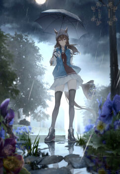 1girl absurdres animal_ears beanie black_thighhighs blue_jacket bouquet brown_hair cai_ji_(user_jmrv4342) closed_mouth cloud cloudy_sky commentary ears_through_headwear flower grey_hat hair_between_eyes hat highres holding holding_bouquet holding_umbrella horse_ears horse_girl horse_tail jacket long_hair long_sleeves nakayama_festa_(umamusume) open_clothes open_jacket prototype_design purple_eyes rain red_sweater_vest shirt shoes skirt sky solo sweater_vest symbol-only_commentary tail thighhighs umamusume umbrella white_shirt white_skirt zettai_ryouiki