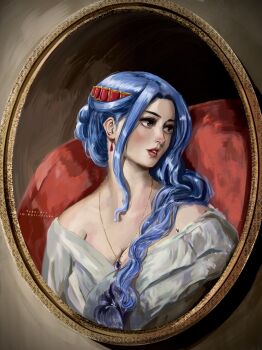 1girl absurdres blue_hair blush brown_eyes commentary dress earrings highres instagram_username jewelry looking_to_the_side mixed-language_commentary necklace nefertari_vivi one_piece parted_lips ponytail portrait_(object) solo stupidtako upper_body white_dress