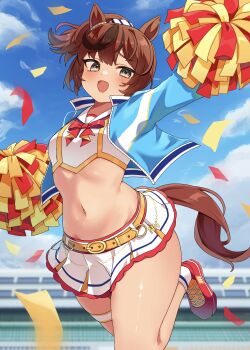 1girl absurdres animal_ears arm_up belt belt_buckle black_hair black_streaks blue_jacket blue_sky blurry blurry_background blush brown_eyes brown_hair brown_tail buckle cheerleader commentary_request confetti cropped_shirt day hair_ornament highres horse_ears horse_girl horse_tail jacket kaoru_(h8qm9) long_sleeves looking_at_viewer medium_hair miniskirt multicolored_hair nice_nature_(run&amp;win)_(umamusume) nice_nature_(umamusume) official_alternate_costume official_alternate_hairstyle open_clothes open_jacket open_mouth pom_pom_(clothes) pom_pom_hair_ornament ponytail red_shoes shirt shoes skirt sky smile solo streaked_hair tail thick_thighs thigh_strap thighs umamusume white_shirt white_skirt yellow_belt
