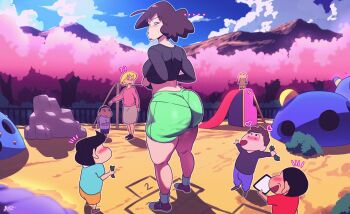 2girls 5boys animated animated_gif ass ass_shake cloud crayon_shin-chan d-art highres mature_female money mother_and_son mountain multiple_boys multiple_girls nohara_misae outdoors playground shota sky source_request tagme tree