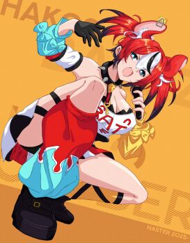 1girl animal_ear_fluff animal_ears arm_warmers bare_shoulders black_gloves black_hair blue_eyes boots breasts cheese cleavage collar dice_hair_ornament fang food gloves hair_ornament hakos_baelz hakos_baelz_(1st_costume) highres hololive hololive_english key large_breasts long_hair looking_at_viewer microphone mouse_ears mousetrap multicolored_hair nasterro open_mouth red_hair single_glove skirt solo spiked_collar spikes squatting streaked_hair virtual_youtuber white_hair