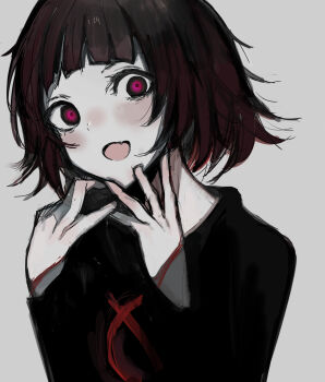 Rule 34 | 1girl, :o, black hair, blunt bangs, blush, chuhaibane, commentary, crazy eyes, dot nose, english commentary, grey background, hands on own chin, hands up, highres, looking at viewer, milk-chan (milk series), milk inside a bag of milk inside a bag of milk, no symbol, open mouth, pale skin, purple eyes, red hair, short bangs, short hair, simple background, solo, upper body