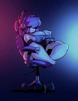 1girl ahoge ass barefoot bigdad chair closed_mouth controller covered_erect_nipples covered_eyes elbow_gloves fingerless_gloves game_controller gazlene_membrane gloves hair_over_eyes headphones holding holding_controller holding_game_controller huge_ass invader_zim nipples purple_hair short_hair simple_background sitting solo swivel_chair tank_top