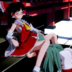 2girls 3d animated aqua_hair ass black_hair blush brown_eyes detached_sleeves hair_tubes hakurei_reimu hand_on_another&#039;s_head implied_futanari japanese_clothes komano_aunn legs_apart maloxx1 mikumikudance_(medium) moaning multiple_girls nontraditional_miko oral outdoors raised_eyebrows red_ribbon ribbon sarashi sitting spread_legs stairs tail touhou video yuri