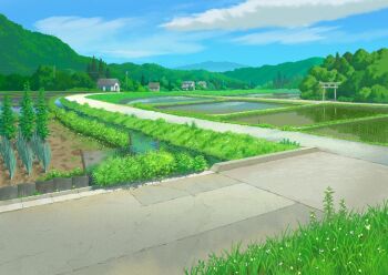 blue_sky building cloud commentary flower forest grass illustration_room_nagi mountain nature no_humans onion original outdoors power_lines rice_paddy road rural scenery sky torii tree utility_pole village water