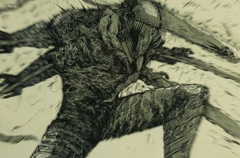 1boy blurry chainsaw_devil chainsaw_man epeulu_(ate5424) extra_arms facing_to_the_side hatching_(texture) intestines linear_hatching monochrome motion_lines open_mouth photo_(medium) sharp_teeth simple_background solo teeth traditional_media