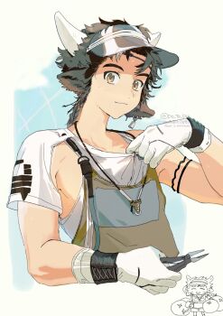 Rule 34 | 1boy, animal ears, arknights, artist name, braid, closed mouth, cow boy, cow ears, cow horns, doodle inset, gloves, highres, holding pliers, horns, jewelry, looking at viewer, male focus, necklace, pliers, po to pu, smile, sweat, upper body, visor cap, wan qing (arknights), wan qing (tons of sunshine) (arknights), watermark, white gloves