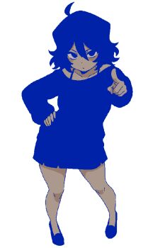 1girl ahoge black_eyes black_hair dark_skin dress full_body looking_at_viewer messy_hair original outline pointing pointing_at_viewer scatterbralns shirt solo standing t-shirt