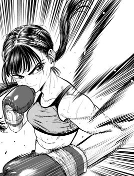 Rule 34 | 1girl, boxing, boxing gloves, breasts, commentary request, emphasis lines, flying sweatdrops, greyscale, hatching (texture), highres, lee (dragon garou), low twintails, medium breasts, monochrome, motion lines, original, punching, serious, solo, sports bra, sweat, toned, toned female, twintails, upper body, v-shaped eyebrows, very sweaty